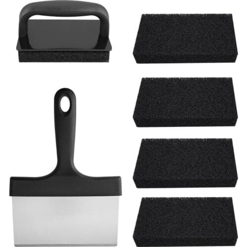 Barbecue Grill Griddle Cleaning Kit Handy Stainless Steel Food Scraper Combined with 4 Abrasive Anti-Grease Scouring Pad