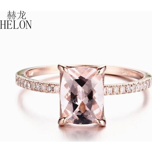 HELON Solid 10K Rose Gold Cushion 8x6mm Genuine Morganite Diamonds Women Engagement Wedding Party Fine Jewelry Diamond Ring