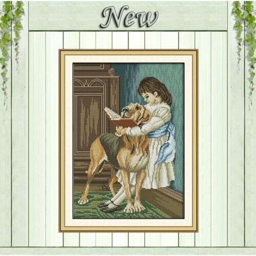 The girl and her dog reading painting counted printed on canvas DMC 11CT 14CT kit Chinese Cross Stitch embroidery needlework Set