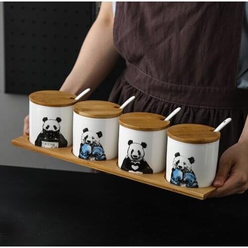 Nordic Art Ceramic Panda Pattern Spice Box Set Home Seasoning Chili Box Sugar Salt Pot Soy Sauce Vinegar Bottle Kitchen Supplies