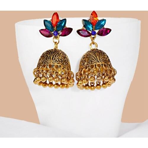 Classic Leaf Crystal Ladies Earrings Bijoux Vintage Bollywood Gold Bells Indian Earrings For Women Wedding Jewelry