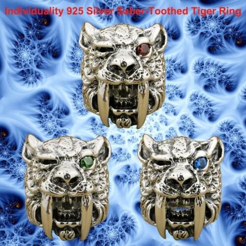 Thick Heavy Punk Retro Fashion Solid 925 Sterling Silver Cool Mens Knight Individuality Saber-Toothed Tiger Ring TA1678