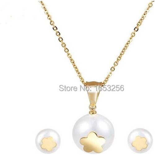 Trendy design Stainless Steel white Pearl Stone Lovely Little flower Necklace Pendant & Earring Set Wife / Fiancee Gift Jewelry