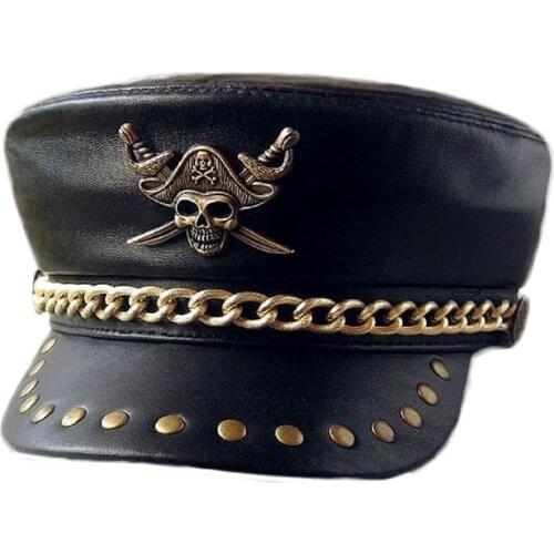 Motorcycle Club Genuine Leather Hat Punk Rock Show Rivet Navy Hat Skeleton Pirate Badge Sheepskin Military Hats