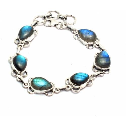 Genuine Blue Labradorite Bracelet 925 Sterling Silver, Women Fine Jewelry Gift, 20.5 cm, MHBB0215