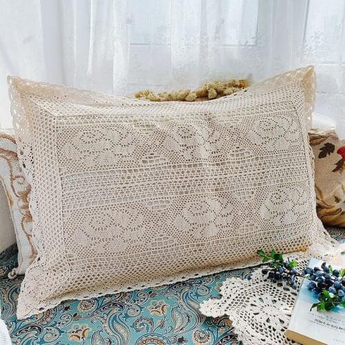 Floral Crochet Pillowcase European Country Beige Handmade Pillow Cover Cushion Cover Hollow Cotton Thread Sofa Seat Cover AD789E