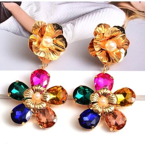 New Metal Colorful Rhinestones Long Earring High-quality Crystals Flower Drop Earring Fashion Jewelry Accessories For Women