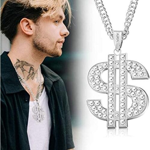US Dollar Sign Shape Alloy Crystal Pendant Necklaces Hip Hop Luxury Long Chain Men Women Party Nightclub Accessories Jewelry