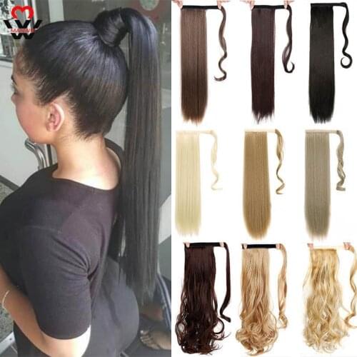 MANWEI Ponytail Hair Extension Wig Clip in Straight Kinky Curly Long Synthetic Wrap Around Pony Tail Black Blonde Hairpiece