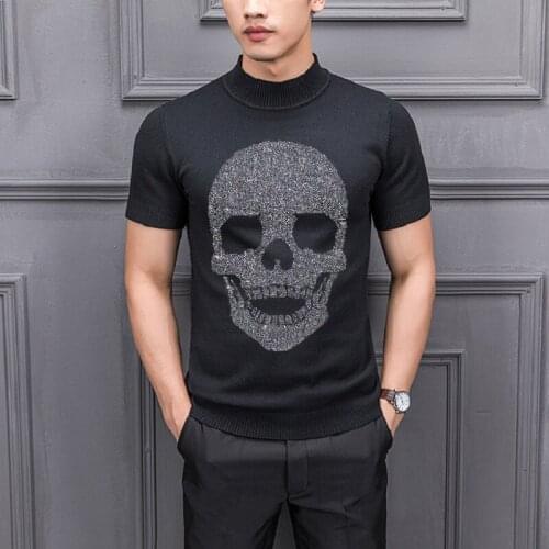 Spring/Summer Mens Sweater Turtleneck Comfortable Hot Diamond 3D Casual Knit Short Sleeve Pure Color Pullover Loose Youth