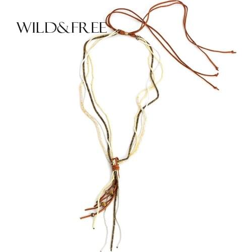 Wild&Free Bohemian 2017 Multilayer Beads Long Necklace Fashion Jewelry Vintage Adjustable Suede Tassel Pendant Necklace Collier