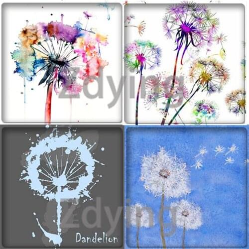 Zdying 10pcs Colorful Dandelion Watercolor Square Shape Glass Cabochon Art Picture Beads Demo Flat Back DIY Jewelry Findings