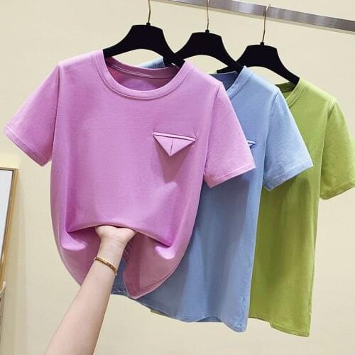 2021 Korean Summer Women T-shirt Imitate Pokets Tops Short Sleeve Solid Top Tee Shirt Femme O-neck Casual Street Tees