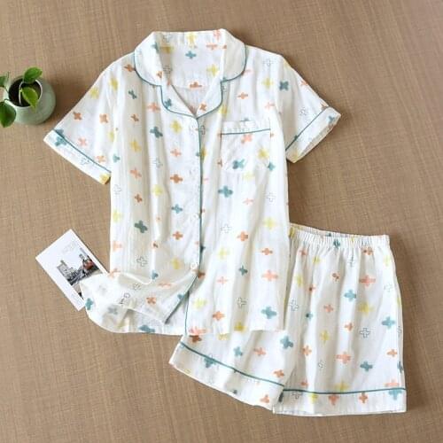 Woman Pajamas Summer Cotton Double-Layer Gauze Printed Lapel Cardigan Short-Sleeved Shorts Two-Piece Casual Simple Sleepwear