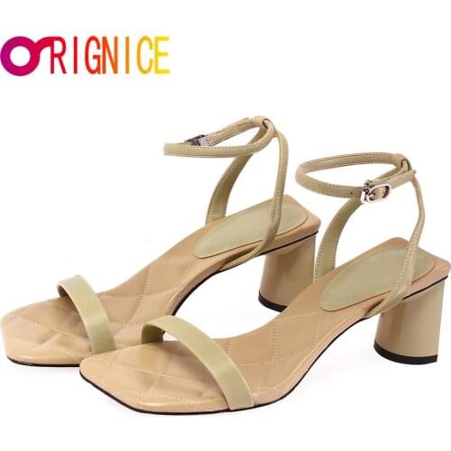 Orignice Hot Summer Gladiator Yellow Thick High Heels Women Sandals Open Toe Patent Leather Sexy Buckle Strap Rome Dress Shoes