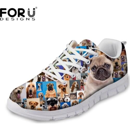 FORUDESIGNS Cute Animal Puzzle Pug Dog Pattern Casual Flats Shoes Woman Autumn Lace-up Flats Shoes for Ladies Teenage Student