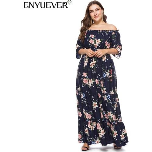 Enyuever Elegant Plus Size Long Boho Dress 5XL 6XL Women Clothing Off Shoulder Half Sleeve High Waist Floral Maxi Casual Dresses