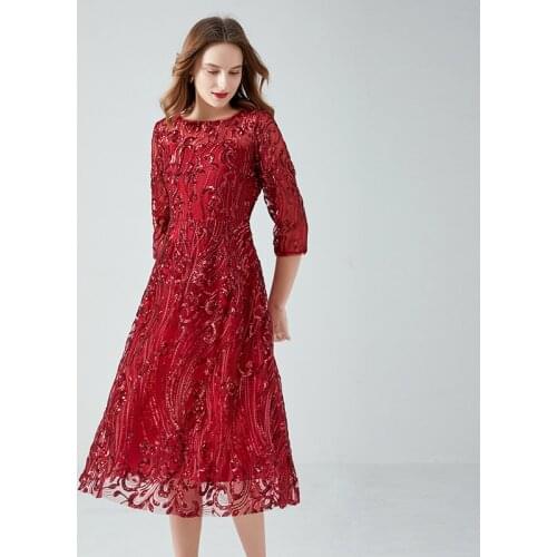 Summer 2021 New Womens Sequined High Waisted Wine Red Mesh Dress , Woman Clothing 4xl 5xl Elegant Dresses