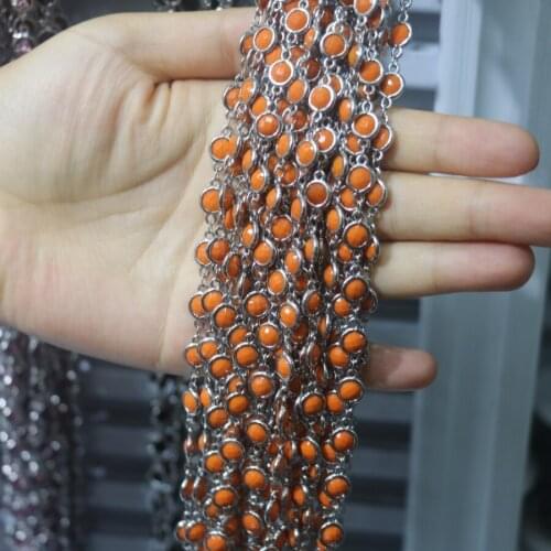 1M feet Wholesale Gem stone Chain Faceted Orange Crystal Quartz Glass Copper Wrapped Brass Links Flat Round Beads Findings