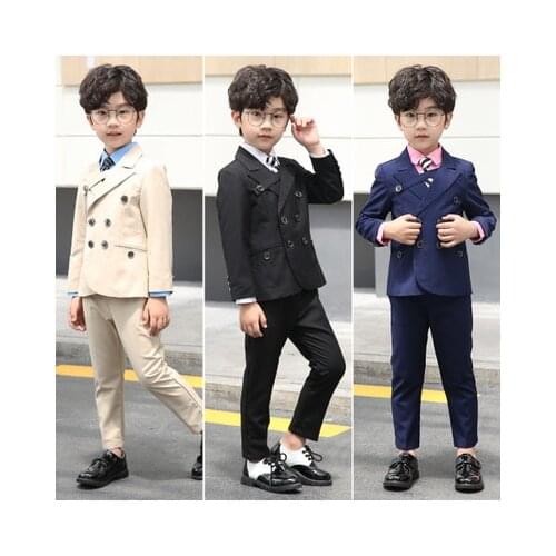 2020 Double Breasted Beige Boy Suit 2 Pieces Set Children Prom Wedding Suits Blazer Kids Black Tuxedo for Wedding Jacket Pants