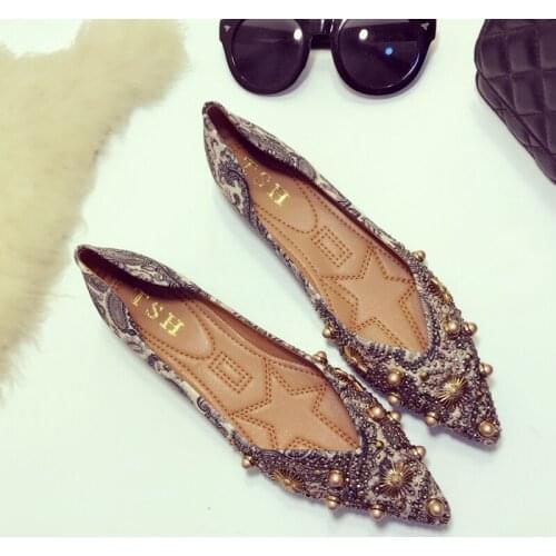Big rivets printing ballerina shoes woman shallow mouth glitter beading flats mixed color moccasins ladies OL shoes footwearNS84