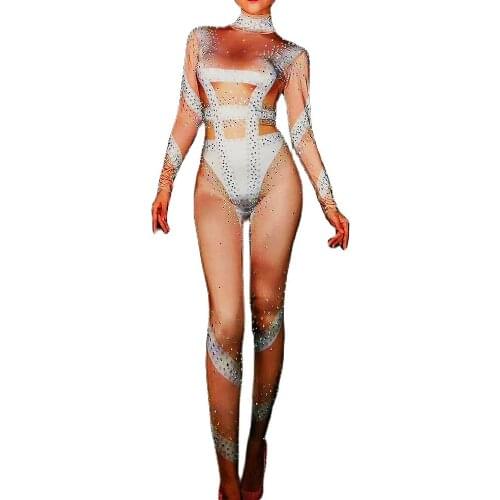 Shining Rhinestones White Striped Jumpsuit Long Sleeve Rompers Nightclub Dance Show Wear Theatrical Costume For Women Stage Wear