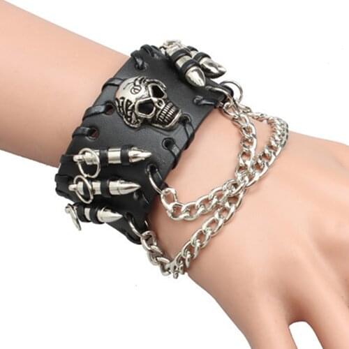 Unisex Black Metal Skull Punk Rock Biker Strap Leather Bracelet Chain Wristband