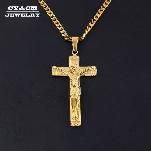 CY&CM Men Stainless Steel Gold Color Engraved Jesus Cross Christ Crucifix Pendant Christian Necklace Fashion Hip Hop Jewelry