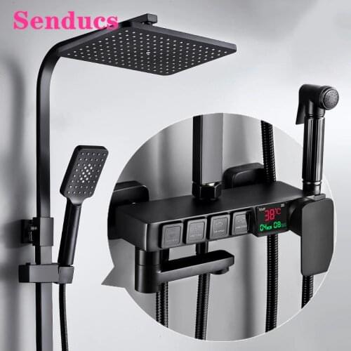 Digital Shower Set Senducs Matte Black Bathroom Mixer Faucets Rainfall Shower Head Luxury Bathroom Thermostatic Shower System