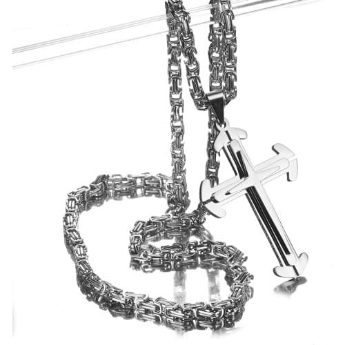Hot Sell Mens Jewelry Silver Stainelss Steel Three Layers Cross Pendant Byzantine Necklace Cool Style