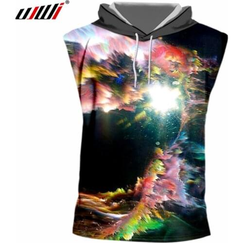 UJWI Mens Casual Tshirt Print Color Space Cap T-shirts Man Hip Hop O Neck Long Drawstring Sleeveless Hoody Pullovers With Hood