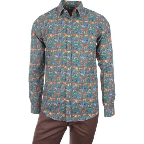 Gentilbay Mens Animals Nature Jungles Printed Green Slimfit Long-Sleeve Sport Shirt DPD149