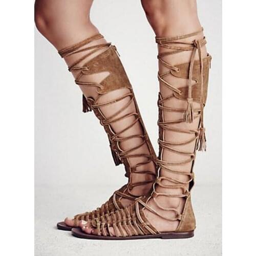 New Fashion Women Open Toe Straps Design Knee High Suede Leather Flat Boots Lace-up Long Flat Sandal Boots Beach Shoes