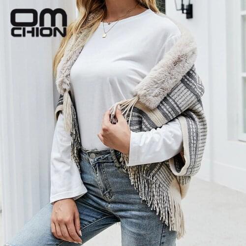 OMCHION Fur Collar Winter Shawls And Wraps Bohemian Fringe Oversized Womens Winter Ponchos And Capes Batwing Sleeve Cardigan