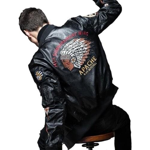 Autumn And Winter Men Clothing PU Leather Bomber Jackets Lndians Chief Embroiderey Streetwear Motorcycle Casual Loose Outerwear