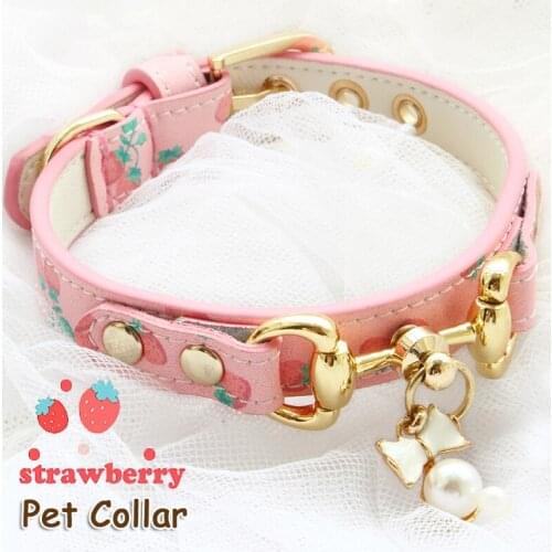 Dog Collar Dog Leash Pet Cat Accessories Premium Cowhide Calfskin Cow Leather Gilt Buckle Strawberry Pearl Pendant Customize