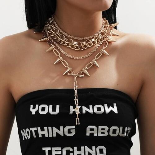 Gothic Fashion Exaggerated Metal Chain Word Stick Tassel Necklace Hip-hop Punk Style Aesthetic Rivet Multi-layer Accessory Set