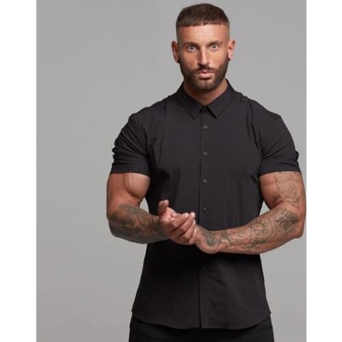 Running Short Sleeve Shirt Men Solid Fitness Mens Turn-down Collar Super Slim Fit Business Dress Shirt Button Gym Tops Tees