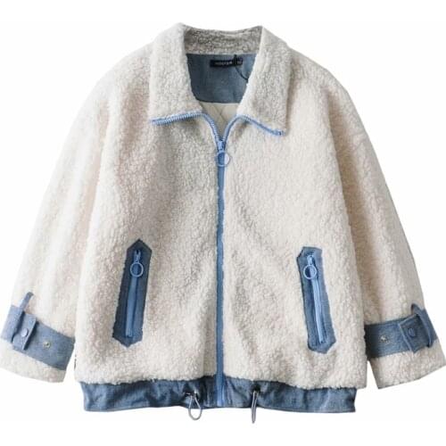 Nice Casual Woman Loose Cowboy Patchwork Lambswool Jackets Fad Winter Fashion Ladies Thick Warm Outwear Female Oversized Coats