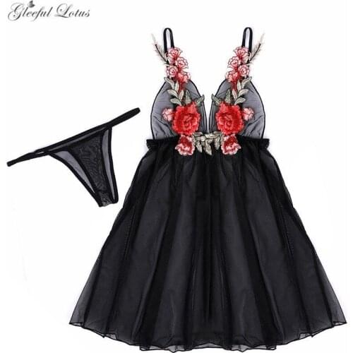 Hot Erotic Night Dress Nightwear Honeymoon Lingerie Embroidery Lenceria Nightgown Transparent Black Nightdress Women Sex Shop