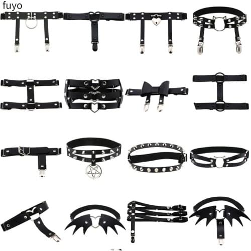 O-Ring Women Elastic Punk Bow Double Thigh Ring Faux Leather Metal Garter Belt Elastic Leg Stockings Thigh Harness Bondage Belt