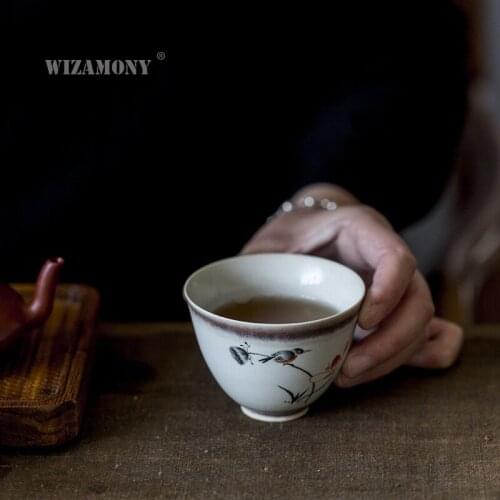 Wizamony Household Ceramic Master Teacup Handmade Single Plant Gray Teacup Chinese Retro Kombucha Tea Set Single Cup