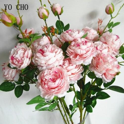 YO CHO 5 Heads Silk Flowers Rose Artificial Flower Peony Bouquet Artificial Flower White Peonies Wedding Decor Home Fake Flowers