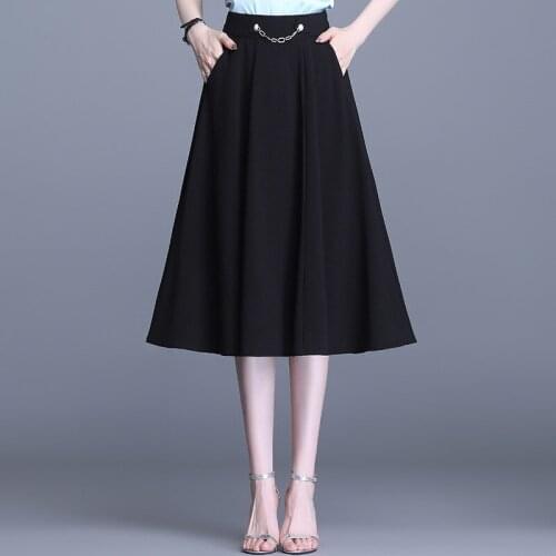 High Waisted Black Skirts Women 2021 Summer Elegant Fashion Office Lady Loose Big Swing Chain Mid-long Skirt 8996