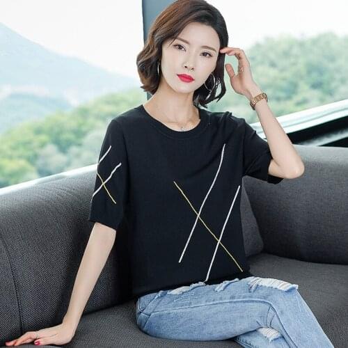 Womens Short Sleeve Striped T-shirt Spring Summer Korean Thin Top Female Round Collar Ice Hemp Plus Size T-shirts Clothes H9231