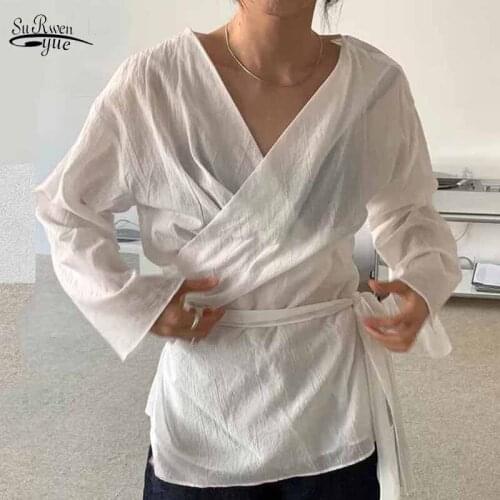 V-neck Long Sleeve Self-regulating Vintage Korea Breathable Shirt Women Slim Sashes Tie Solid See Through Blouse Blusas 11675