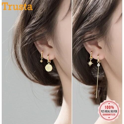 Trustdavis Genuine 925 Sterling Silver Summer Asymmetrical Star Beads Tassels Hoop Earrings For Women Wedding Jewelry DA1171