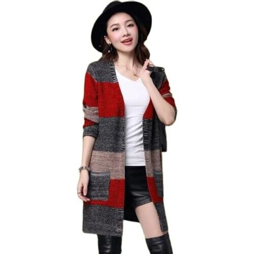 Womens Cardigan Knitted Sweater Korean Spring Autumn Fashion Stitching Sweater Long Sleeve Casual Knitwear Coats Female Q77