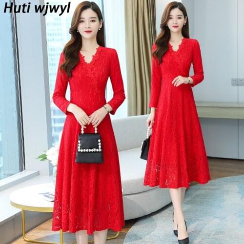 Plus Size Vintage Long Sleeve Dress 2021 Autumn Winter Red Sexy Club Lace Dress Women Elegant Bodycon Solid Party Maxi Vestidos