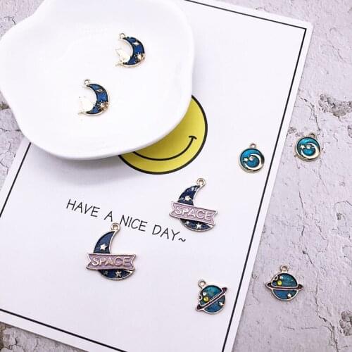 10pcs/bag Blue Moon Planet Stars Cat Enamel Charms Oil Drop Alloy Space Pendants Earring Bracelet DIY Jewelry Accessories YZ379